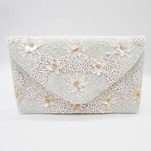 White Seed Beaded Floral Clutch
